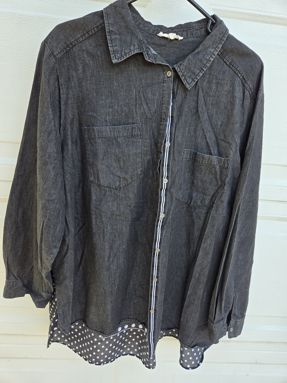 Jane And Delancey Black Button-Up Denim Shirt with Polka Dot Hem